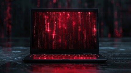 Poster - Data breach alerts on a laptop showcasing red digital malware patterns in a cyber environment