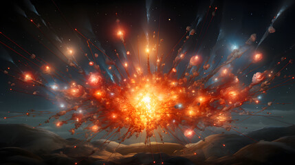 Poster - Artistic representation of a fireball in the sky signifying energy and cosmic events in the context of primordial nucleosynthesis.