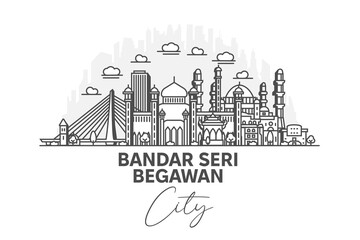 Wall Mural - Bandar Seri Begawan, Brunei architecture line skyline illustration with shadows. Linear vector cityscape with famous landmarks, city sights, design icons.