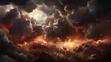 Poster - A fiery blaze engulfing the sky in a dramatic display of flames representing the protostellar evolution process within a dense cloud.