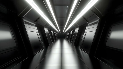 Poster - A futuristic, sleek hallway with illuminated panels, creating a sci-fi atmosphere that leads into darkness.