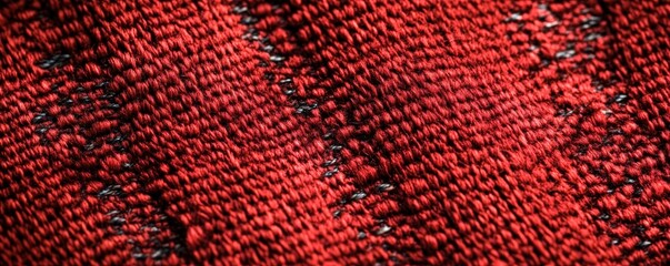 Poster - A close-up view of textured red fabric with subtle black patterns, showcasing intricate weaving details and vibrant hues, Denim Texture woven seamless.