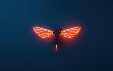 Fototapete - Orange Glowing Digital Moth Against Dark Blue Background