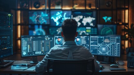 Poster - Cybersecurity analyst monitors systems and threats from multiple screens in a secure command center