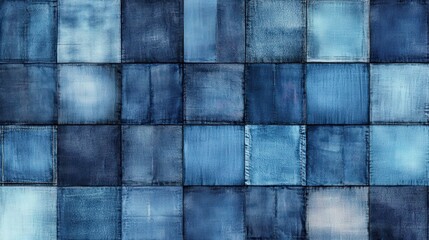 Poster - A textured pattern of various shades of blue denim squares, showcasing the unique characteristics of fabric, Denim Texture woven seamless.