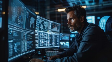 Poster - Cybersecurity expert monitors screens for potential ai-related malware breaches in a data protection task