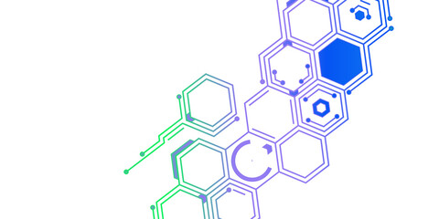 Poster - Futuristic hexagonal pattern with gradient of green and blue tones for technology, science, and digital innovation themes in web design, branding, and marketing