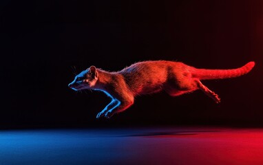 Poster - Pixelated Civet Cat Leaping in Neon Red and Blue Light