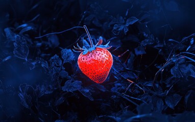 Poster - A vibrant red strawberry glowing amidst dark blue foliage and intricate, glowing network of lines