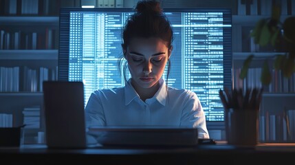 Poster - A focused woman works intently at a desk, illuminated by the glow of a computer screen displaying data.