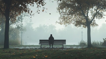 Poster - A lone figure sits on a bench in a serene park, surrounded by fog and trees, evoking a sense of solitude and contemplation.