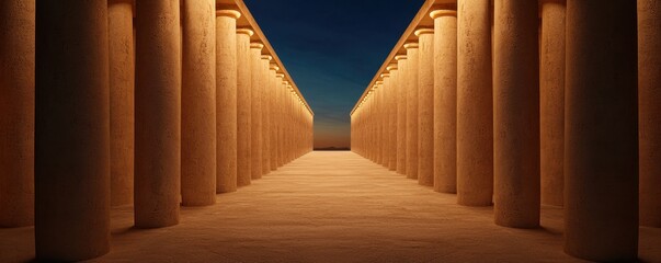 Poster - A stunning view of a symmetrical corridor lined with warm-toned columns, leading towards a serene horizon under a twilight sky.