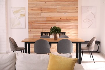 Aufkleber - Comfortable sofa and wooden table in living room. Interior design