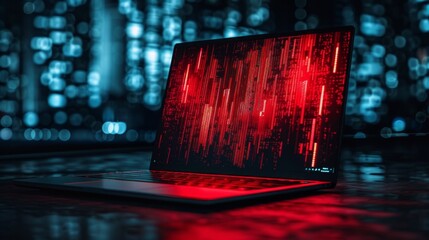Poster - Red-lit laptop screen displaying malware and data breach information for cybersecurity analysis