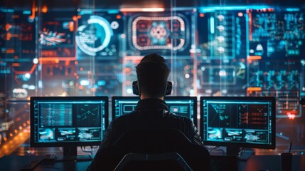 Poster - cybersecurity expert monitoring potential breaches and malware threats in a data protection center a