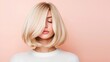 © Nat_Photo_AI - Beautiful woman with smooth blonde hair and serene expression against pastel pink background