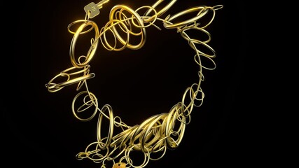 Poster - Golden keys and rings are rotating, creating dynamic visuals against a black background, forming an abstract and captivating display of metallic objects in motion