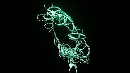 Poster - multiple silver keys with glowing green rings attached are dynamically transforming and rotating aga
