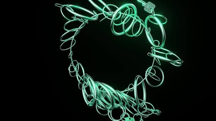 Poster - multiple silver keys and rings with glowing neon green edges rotate against a black background, crea