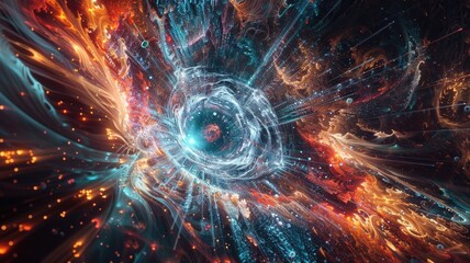 Poster - The abstract picture of light trails in vividness style swirling in universe creates a sense of energetic energy and powerful power of cosmos. The powerful particle connected with wavy texture. AIG53.