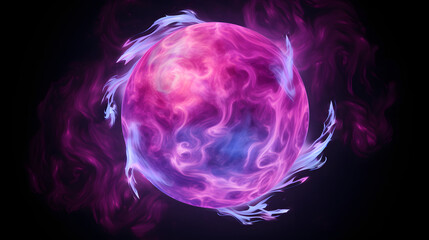 Poster - Pink ball surrounded by blue and pink flames illustrating the concept of space-time distortions and warped light effects in art.
