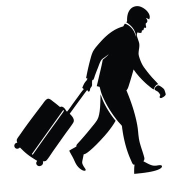 Businessman walking with travel luggage, isolated vector silhouette, Man pulling a suitcase silhouette vector art black color design