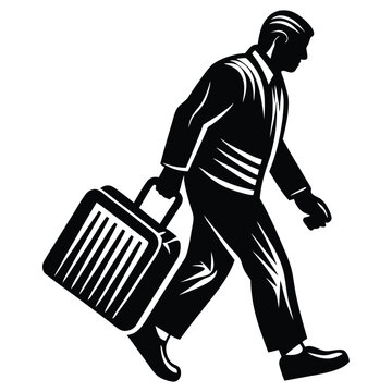 Businessman walking with travel luggage, isolated vector silhouette, Man pulling a suitcase silhouette vector art black color design