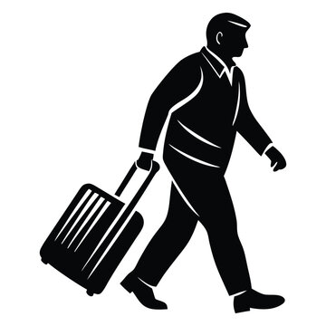 Businessman walking with travel luggage, isolated vector silhouette, Man pulling a suitcase silhouette vector art black color design