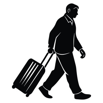 Businessman walking with travel luggage, isolated vector silhouette, Man pulling a suitcase silhouette vector art black color design