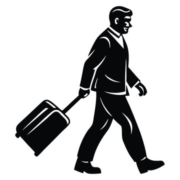 Businessman walking with travel luggage, isolated vector silhouette, Man pulling a suitcase silhouette vector art black color design