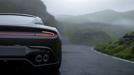 Poster - A high-performance black sports car viewed from the rear, positioned on a winding mountain road, aggressive rear diffuser and dual exhausts emphasizing power