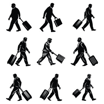 Businessman walking with travel luggage, isolated vector silhouette, Man pulling a suitcase silhouette vector art black color design