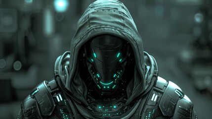 Poster - Cybersecurity threat represented by a futuristic figure in a dark environment with advanced technology