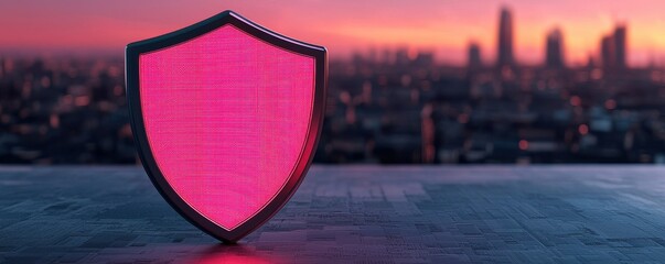 Poster - A glowing pink shield stands against a city skyline at sunset, symbolizing protection and security in a modern digital landscape.