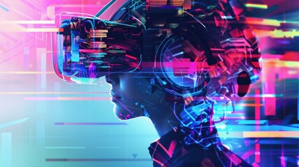 Poster - A vibrant portrayal of a person wearing a virtual reality headset, embodying the convergence of technology and innovative digital experiences in an abstract environment.