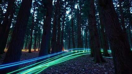 Poster - Enchanted forest with colorful light trails at twilight, mystical nature experience