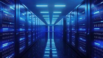 Poster - A stunning view of a futuristic data center showcasing server racks illuminated by vibrant blue lights, symbolizing modern technology and data management.
