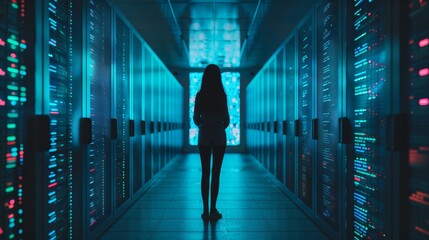 Poster - Person stands in server room surrounded by glowing data storage units while considering cybersecurity measures