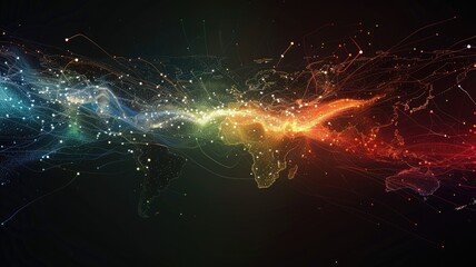Poster - Vibrant abstract visualization of critical network connections showcasing colorful lines and patterns. Represents global data flow and digital interaction creatively.