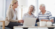 © peopleimages.com - Elderly couple, happy or financial advisor with documents for retirement plan, annuity or insurance in home. Senior people, laptop or accountant with paperwork for profit on pension funds or assets