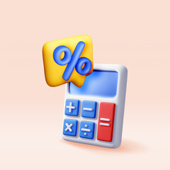 Poster - 3D modern calculator with percentage sign. Mathematics icon. Addition, subtraction, multiplication and division buttons. Arithmetic operations. Financial math device calculate. Vector illustration
