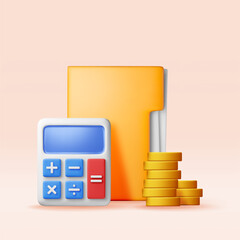 Poster - 3D financial reports with cash money and calculator. Render business papers in folder. Financial data analysis, business research, financial market trade. Money and banking. Vector illustration