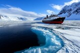 The sparkling drift ice floating in the Sea of Okhotsk, with a tourist icebreaker ship navigating through