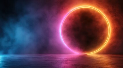 Poster - This captivating image showcases a glowing circle merging shades of orange and pink, set against a smoky background, illustrating abstract energy and movement.
