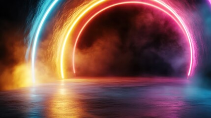 Poster - A mesmerizing image that depicts colorful neon arcs of light in vibrant hues, creating a dreamy atmosphere enhanced by the soft swirl of smoke in the background.