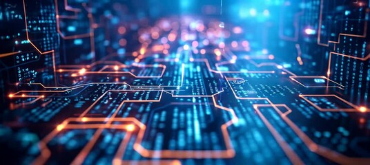 Fototapete - Circuit network motherboard system. Wireless data transfer process. Generative video AI technology.	
