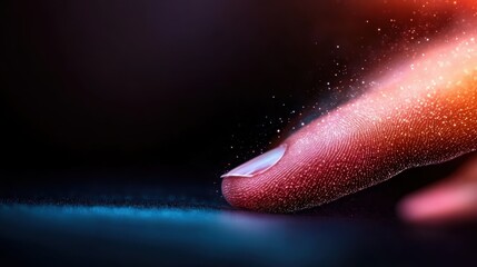 Poster - A close-up of a finger delicately touching a glowing surface, with dazzling particles of light creating an ethereal and magical atmosphere, symbolizing connection and inspiration.
