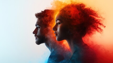 Poster - Striking silhouette portraits integrated with colorful smoke, creating a dramatic representation of duality, emotion, and artistic flair, captivating the viewer's attention.