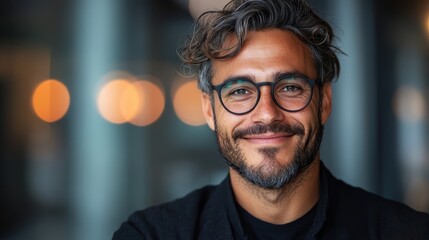 Poster - A cheerful man with curly hair and glasses poses happily in a bright urban atmosphere, showcasing confidence and a vibrant, engaging personality in a modern environment.