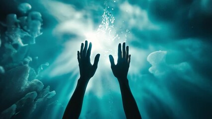 Poster - Ethereal Hands Reaching Upward Through the Clear Blue Water Surface in a Dreamy Underwater Scene Illuminated by Sunlight
